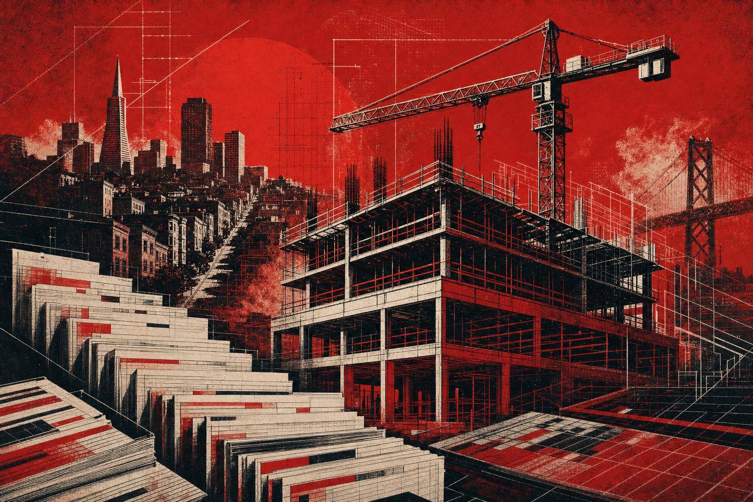San Francisco cranes and a framed building rising from layered permit cards and blueprint lines.