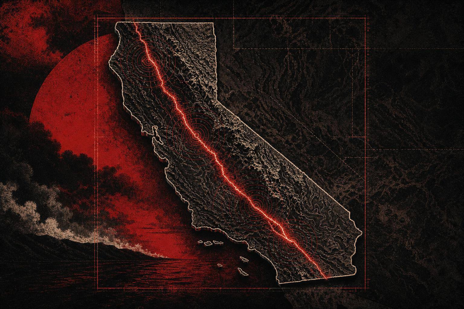 A relief map of California crossed by a bright fault line and concentric seismic rings.