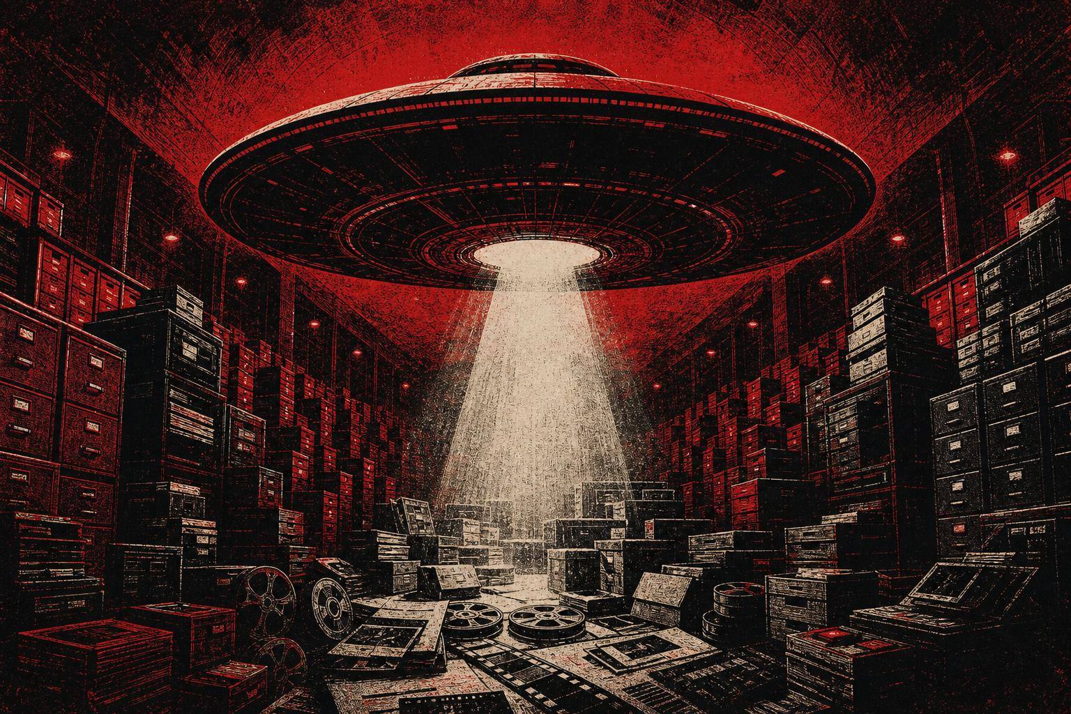 A disc-shaped UFO hovers above a government media archive and illuminates evidence with a narrow beam.